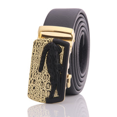 Men's Black Leather Ratchet Belt – Gold Crocodile Automatic Buckle – No Holes Comfort Fit (28”–52”)