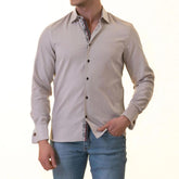 Gray with inside White Ptrined Double Cuff Shirt Mens Slim Fit Designer French Cuff Shirt - tailored Cotton Shirts for Work and Casual Wear