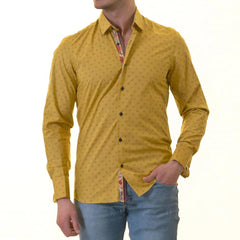 Mustard Printed inside Paisley Mens Slim Fit Designer French Cuff Shirt - tailored Cotton Shirts for Work and Casual Wear