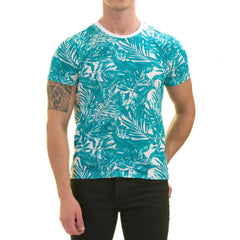 Blue Leaves Printed European Made Premium Quality T-Shirt - Crew Neck Short Sleeve T-Shirts