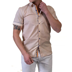 Beige Mens Short Sleeve Button up Shirts - Tailored Slim Fit Cotton Dress Shirts