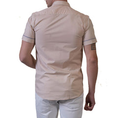 Beige Mens Short Sleeve Button up Shirts - Tailored Slim Fit Cotton Dress Shirts