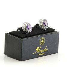 Silver with Purple Mens Stainless Steel Big Stone Cufflinks for Shirt with Box - Hand Crafted