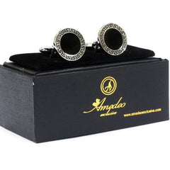 Silver + Black Mens Stainless Steel Steel Round Greek Cufflinks for Shirt with Box - Hand Crafted Perfect Gift