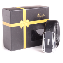 Men's Smart Ratchet No Holes Automatic Buckle Belt in Black Belt - Two-Toned Silver Checkered Color - Amedeo Exclusive