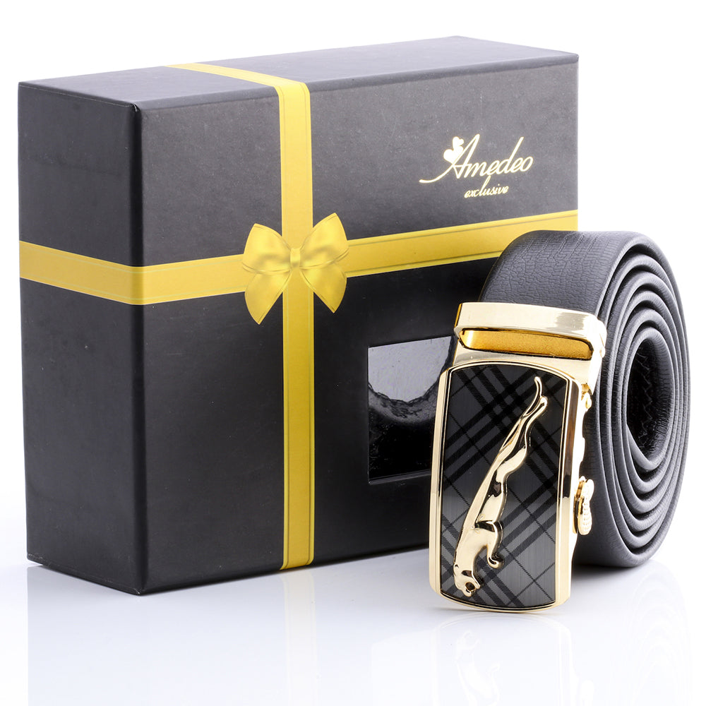 Men's Stainless Steel Black Belt with Bronze & Silver Plaid - Amedeo Exclusive