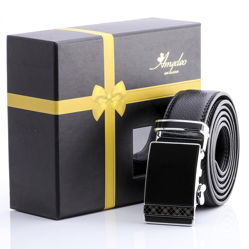Men's Stainless Steel Black Belt with Black with Silver Check Buckle - Amedeo Exclusive