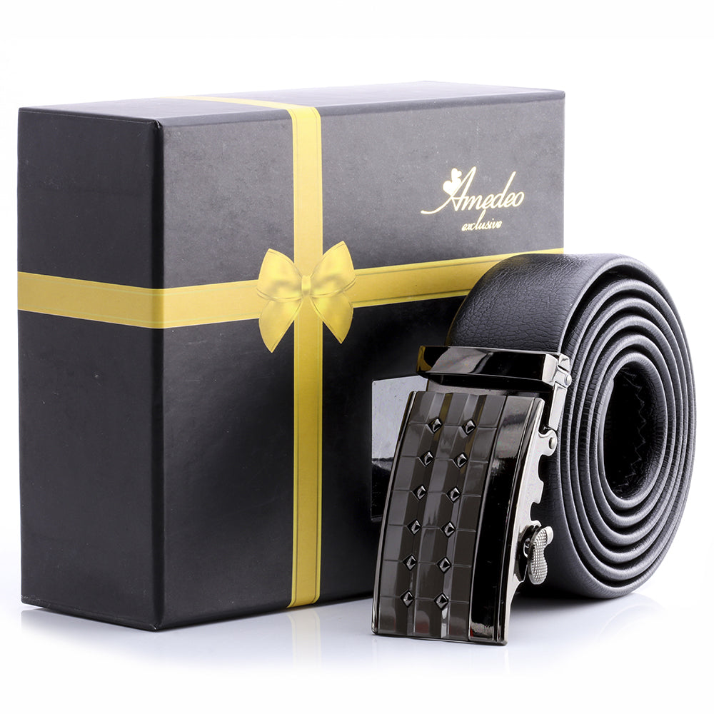 Men's Smart Ratchet No Holes Automatic Buckle Belt in Black & Gun Metal Texture Color - Amedeo Exclusive