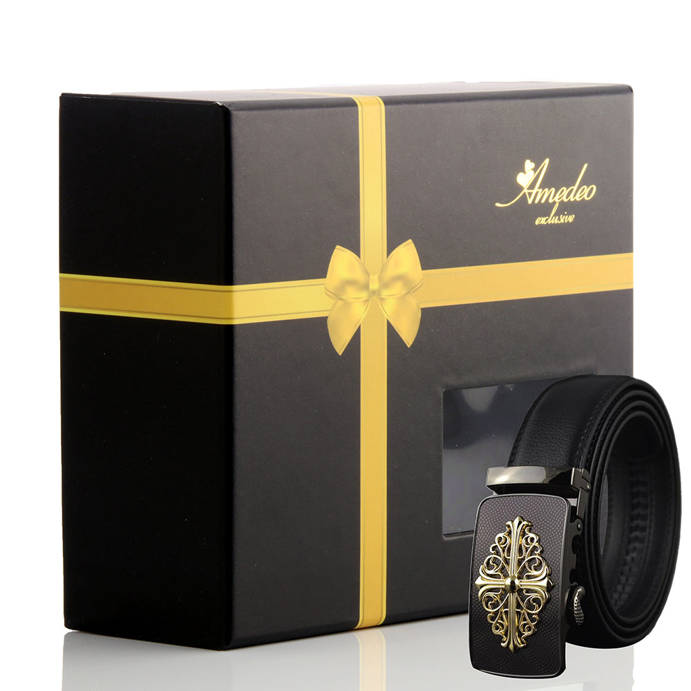 Men's Smart Ratchet No Holes Automatic Buckle Belt in Gold & Black Color - Amedeo Exclusive