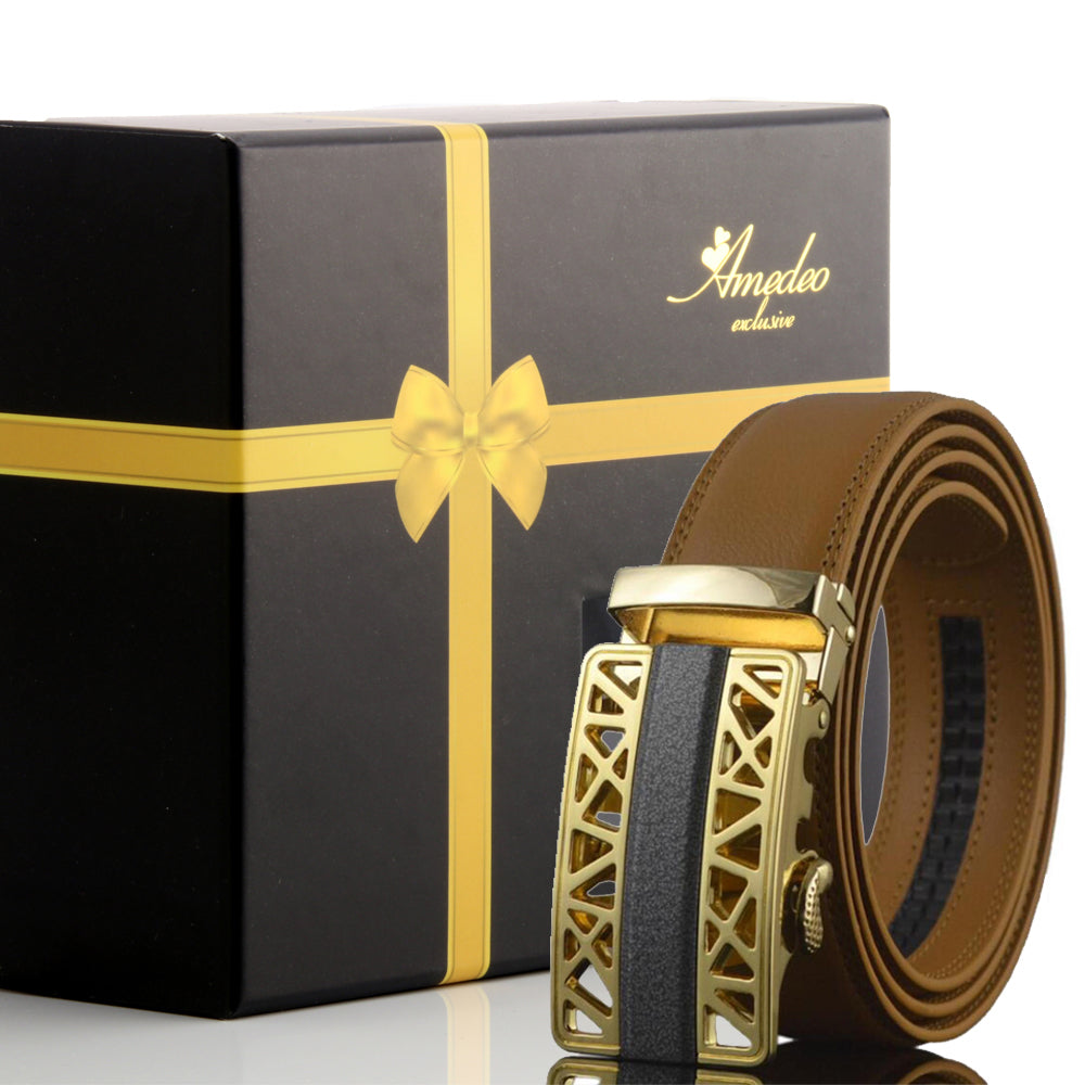 Men's Smart Ratchet No Holes Automatic Buckle Belt in Gold Color - Amedeo Exclusive