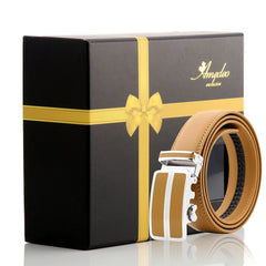 Men's Smart Ratchet No Holes Automatic Buckle Belt in Tan & Silver Color - Amedeo Exclusive