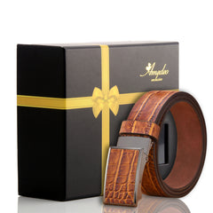 Men's Stainless Steel Buckle Brown Tan Belt - Amedeo Exclusive