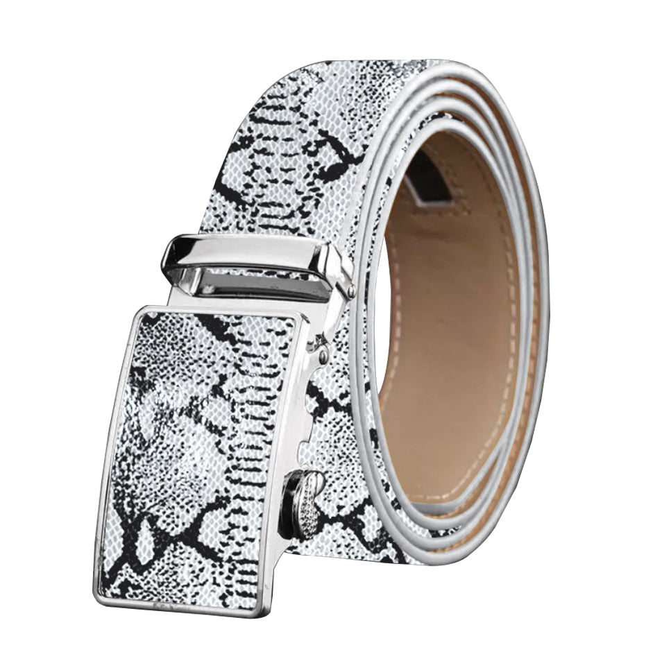 Men's Smart Ratchet No Holes Automatic Buckle Belt in Snake Skin - White Color - Amedeo Exclusive