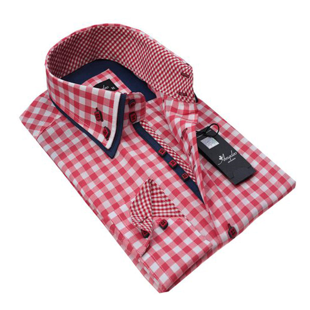 Red White Checkered Mens Slim Fit Designer Dress Shirt - tailored Cotton Shirts for Work and - Amedeo Exclusive