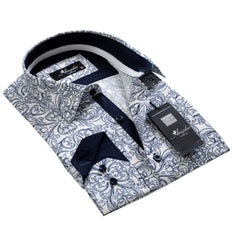 White Blue Paisley Mens Slim Fit Designer Dress Shirt - tailored Cotton Shirts for Work and Casual - Amedeo Exclusive