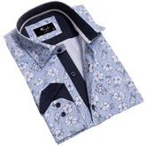Blue Floral Mens Slim Fit Designer French Cuff Shirt - tailored Cotton Shirts for Work and Casual Wear