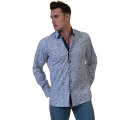 Blue Floral Mens Slim Fit Designer French Cuff Shirt - tailored Cotton Shirts for Work and Casual Wear