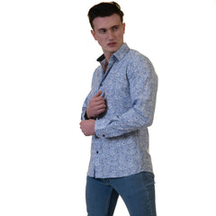 Blue Floral Mens Slim Fit Designer French Cuff Shirt - tailored Cotton Shirts for Work and Casual Wear