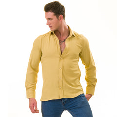 Mustard Colored Luxury Men's Tailor Fit Button Up European Made Linen Shirts