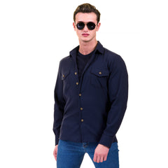 Solid Navy Blue Check Mens Slim Fit Designer Dress Shirt - tailored Cotton Shirts for Work and Casual Wear