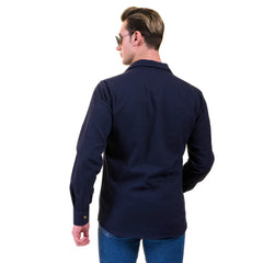 Solid Navy Blue Check Mens Slim Fit Designer Dress Shirt - tailored Cotton Shirts for Work and Casual Wear