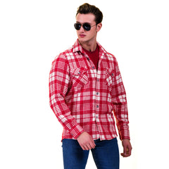 Red White Check Mens Slim Fit Designer Dress Shirt - tailored Cotton Shirts for Work and Casual Wear