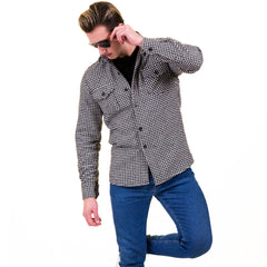 Black White Harringbone Mens Slim Fit Designer French Cuff Shirt - tailored Cotton Shirts for Work and Casual Wear