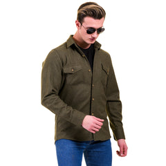 Solid Olive Green Mens Slim Fit Designer Dress Shirt - tailored Cotton Shirts for Work and Casual Wear
