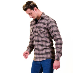 Tan Black Check Mens Slim Fit Designer Dress Shirt - tailored Cotton Shirts for Work and Casual Wear