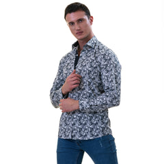 Black White Leaves Men's Slim Fit Designer French Cuff Shirt - Tailored Cotton Shirts for Work and Casual Wear