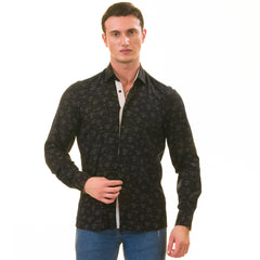 Black Floral Men's Slim Fit Designer Dress Shirt - Tailored Cotton Shirts for Work and Casual Wear