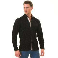 Black Floral Men's Slim Fit Designer Dress Shirt - Tailored Cotton Shirts for Work and Casual Wear