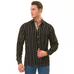 Black Striped Men's Slim Fit Designer French Cuff Shirt - Tailored Cotton Shirts for Work and Casual Wear