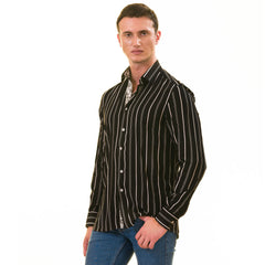 Black Striped Men's Slim Fit Designer French Cuff Shirt - Tailored Cotton Shirts for Work and Casual Wear