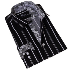 Black Striped Men's Slim Fit Designer French Cuff Shirt - Tailored Cotton Shirts for Work and Casual Wear