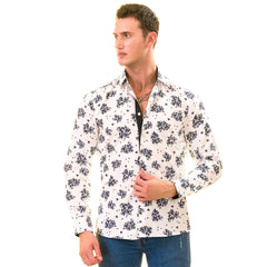 White Navy Floral Digital Men's  Slim Fit Designer Dress Shirt - Tailored Cotton Shirts for Work and Casual Wear