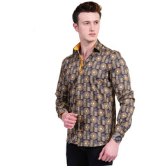 Black And Gold Greek Key Mens Slim Fit Designer Dress Shirt - tailored Cotton Shirts for Work and Casual Wear