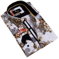 White Black Medusa Greek Key Mens Slim Fit Designer Dress Shirt - tailored Cotton Shirts for Work and Casual Wear