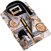 White And Gold Medusa Greek Key Mens Slim Fit Designer Dress Shirt - tailored Cotton Shirts for Work and Casual Wear