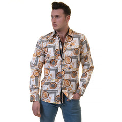 White And Gold Medusa Greek Key Mens Slim Fit Designer Dress Shirt - tailored Cotton Shirts for Work and Casual Wear