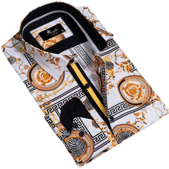 White And Gold Medusa Greek Key Mens Slim Fit Designer Dress Shirt - tailored Cotton Shirts for Work and Casual Wear