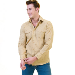 Solid Tan Safari Mens Slim Fit Designer Dress Shirt - tailored Cotton Shirts for Work and Casual Wear