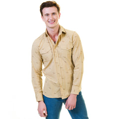 Solid Tan Safari Mens Slim Fit Designer Dress Shirt - tailored Cotton Shirts for Work and Casual Wear