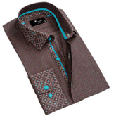 Chocolate Brown and Turqouise Blue Mens Slim Fit Designer Dress Shirt - tailored Cotton Shirts for Work and Casual Wear