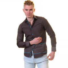 Chocolate Brown and Turqouise Blue Mens Slim Fit Designer Dress Shirt - tailored Cotton Shirts for Work and Casual Wear