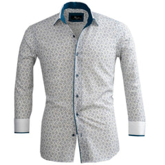 White Blue Paisley Mens Slim Fit Designer Dress Shirt - tailored Cotton Shirts for Work and Casual Wear - Amedeo Exclusive