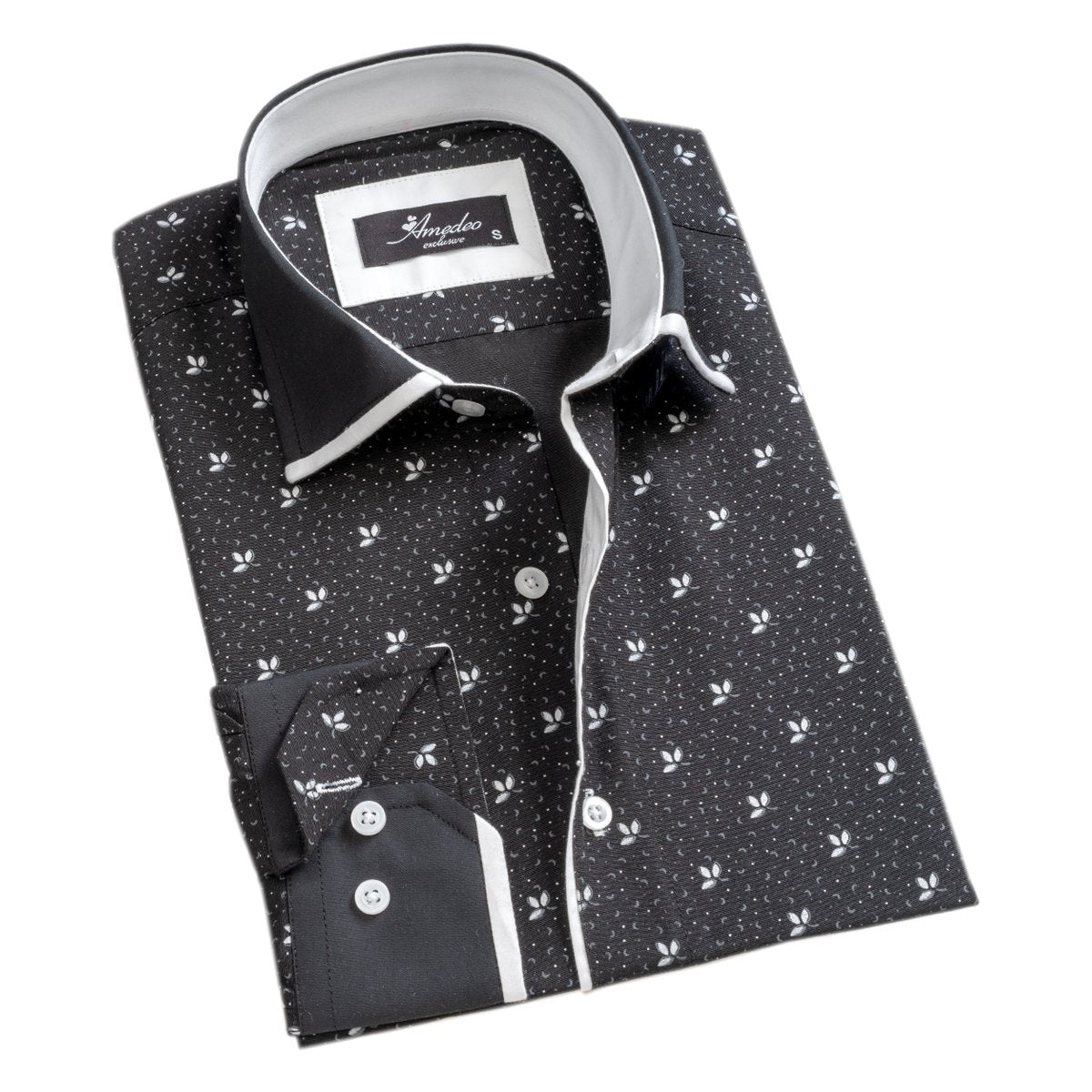 Black White Floral Mens Slim Fit Designer Dress Shirt - tailored Cotton Shirts for Work and Casual Wear - Amedeo Exclusive