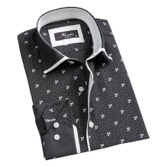 Black White Floral Mens Slim Fit Designer Dress Shirt - tailored Cotton Shirts for Work and Casual Wear - Amedeo Exclusive