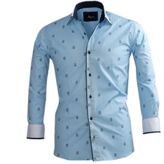 Light Blue w/ Navy Blue Mens Slim Fit Designer Dress Shirt - tailored Cotton Shirts for Work and - Amedeo Exclusive