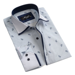 White Light Blue Paisley Mens Slim Fit Designer Dress Shirt - tailored Cotton Shirts for Work and Casual Wear - Amedeo Exclusive